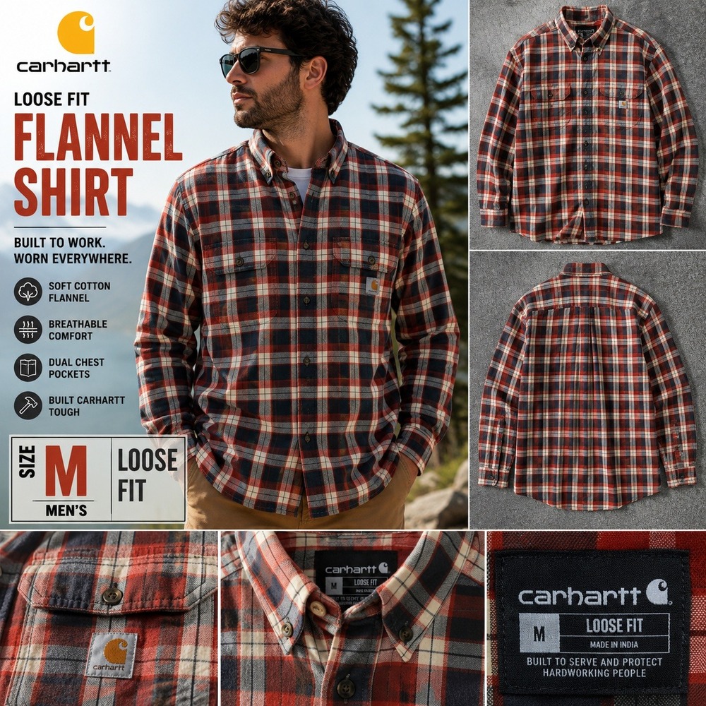 Carhartt Mens Loose Fit Flannel Shirt Red Navy Plaid Cotton 104910 Q14 Medium